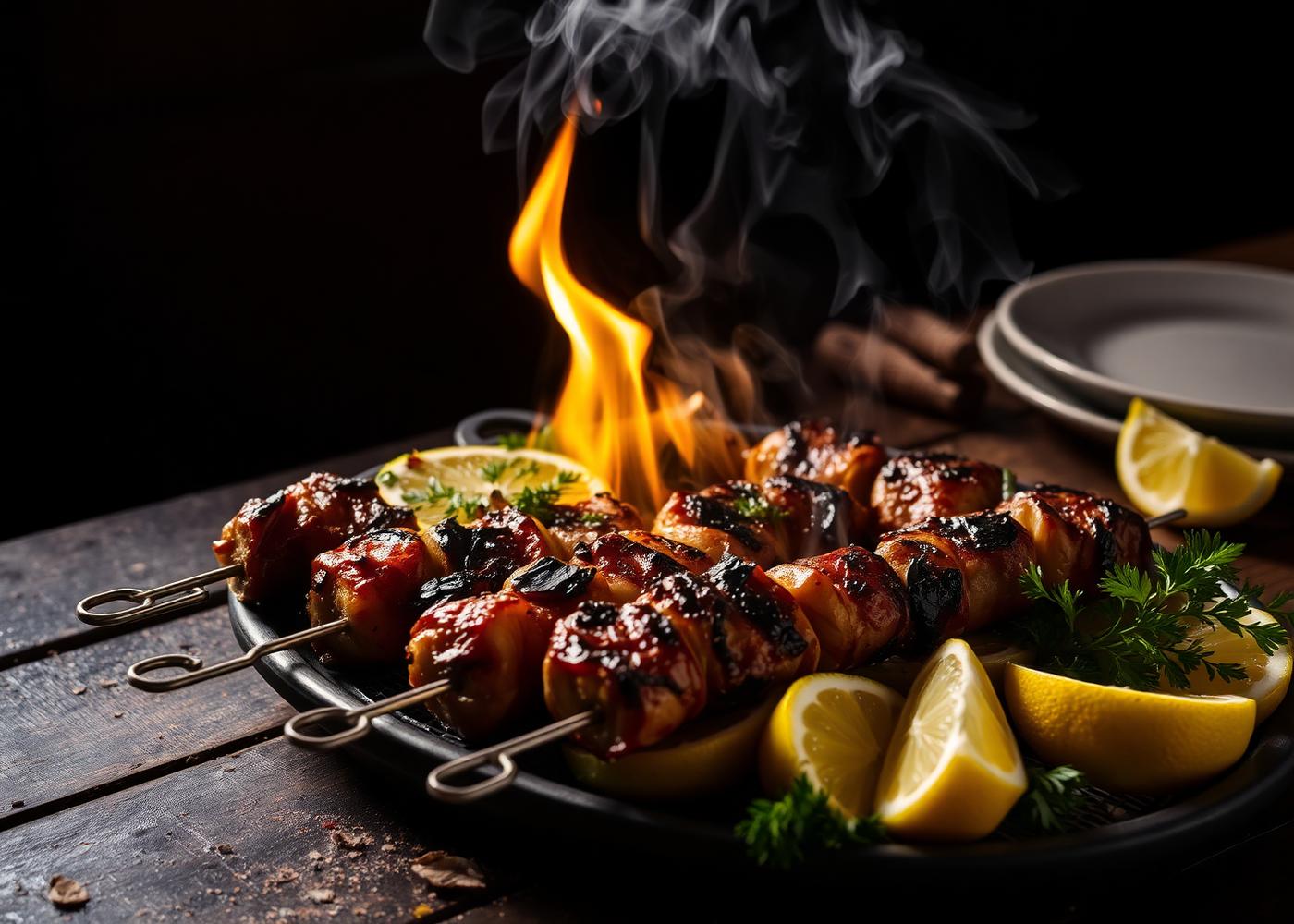 Ember grill platter with flame-charred skewers and lemon