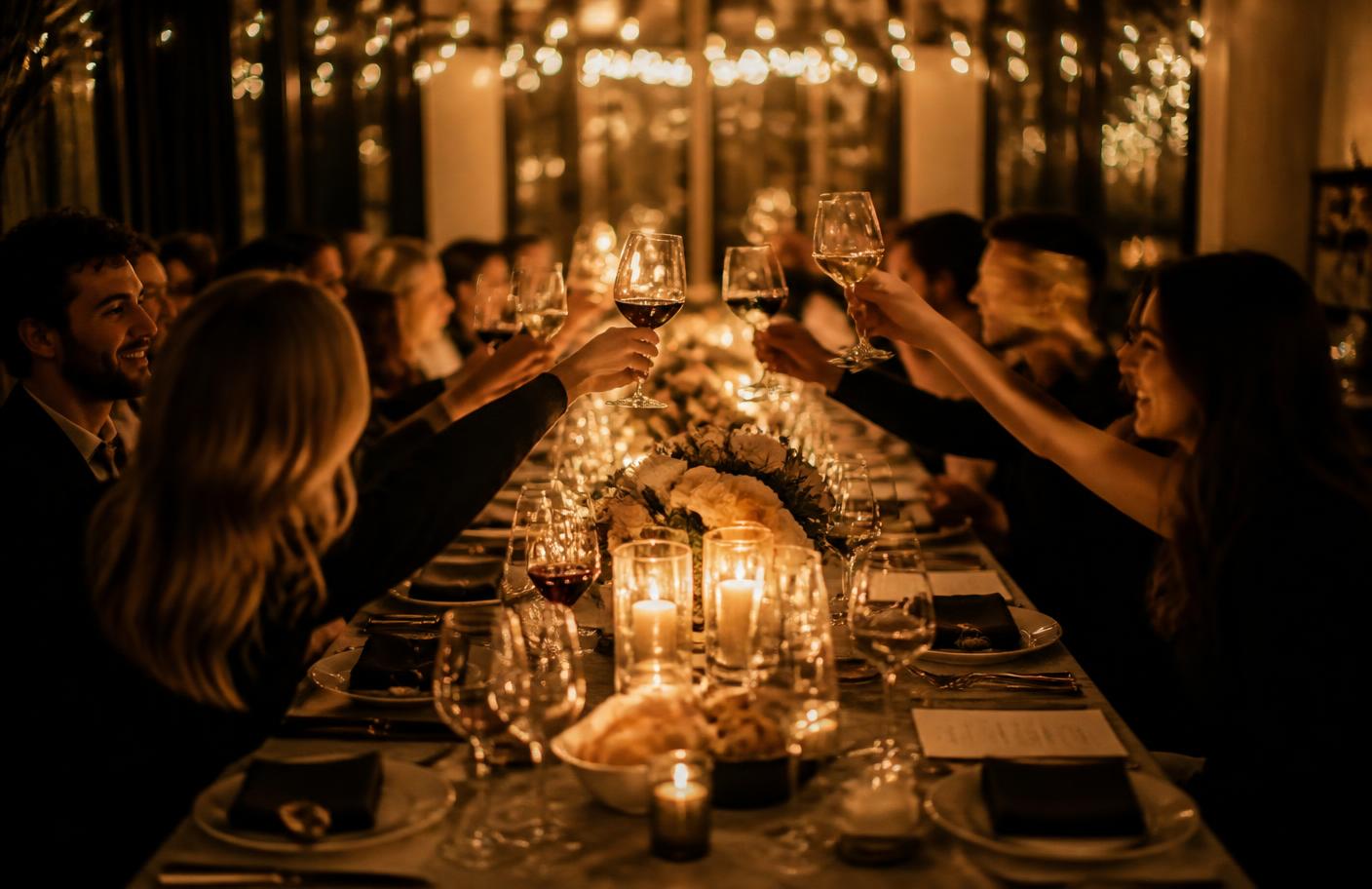 Guests raising a toast at a private celebration dinner
