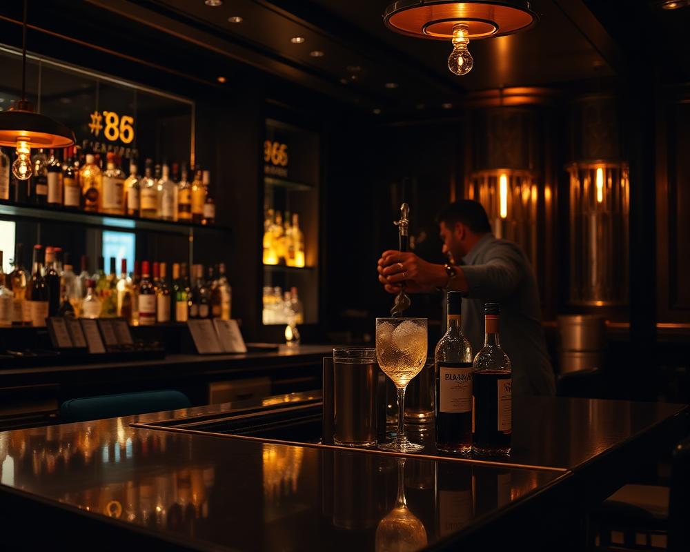 Bartender preparing a drink at the copper-lit bar