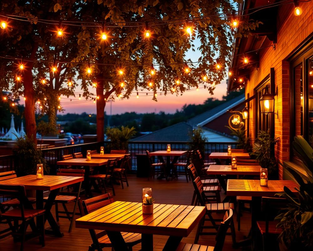 Outdoor terrace seating with string lights at dusk