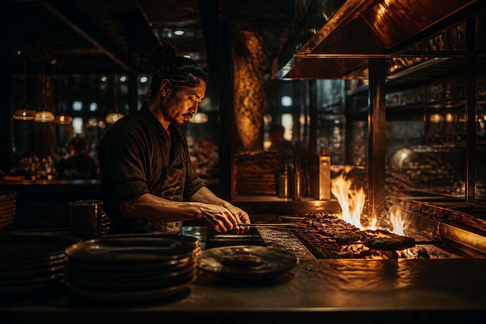 Chef grilling over open flames in the Ember & Spice kitchen