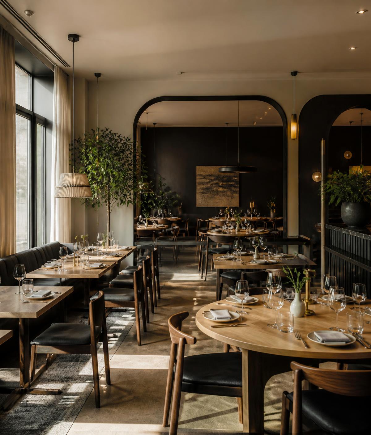 The Ember & Spice dining room with set tables and warm daylight